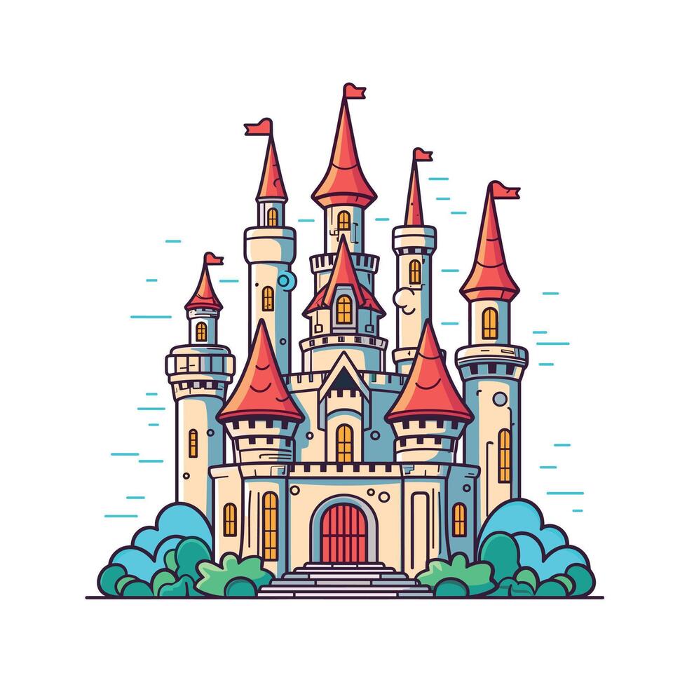 Colorful castle with towers and flags in a fairy tale style vector