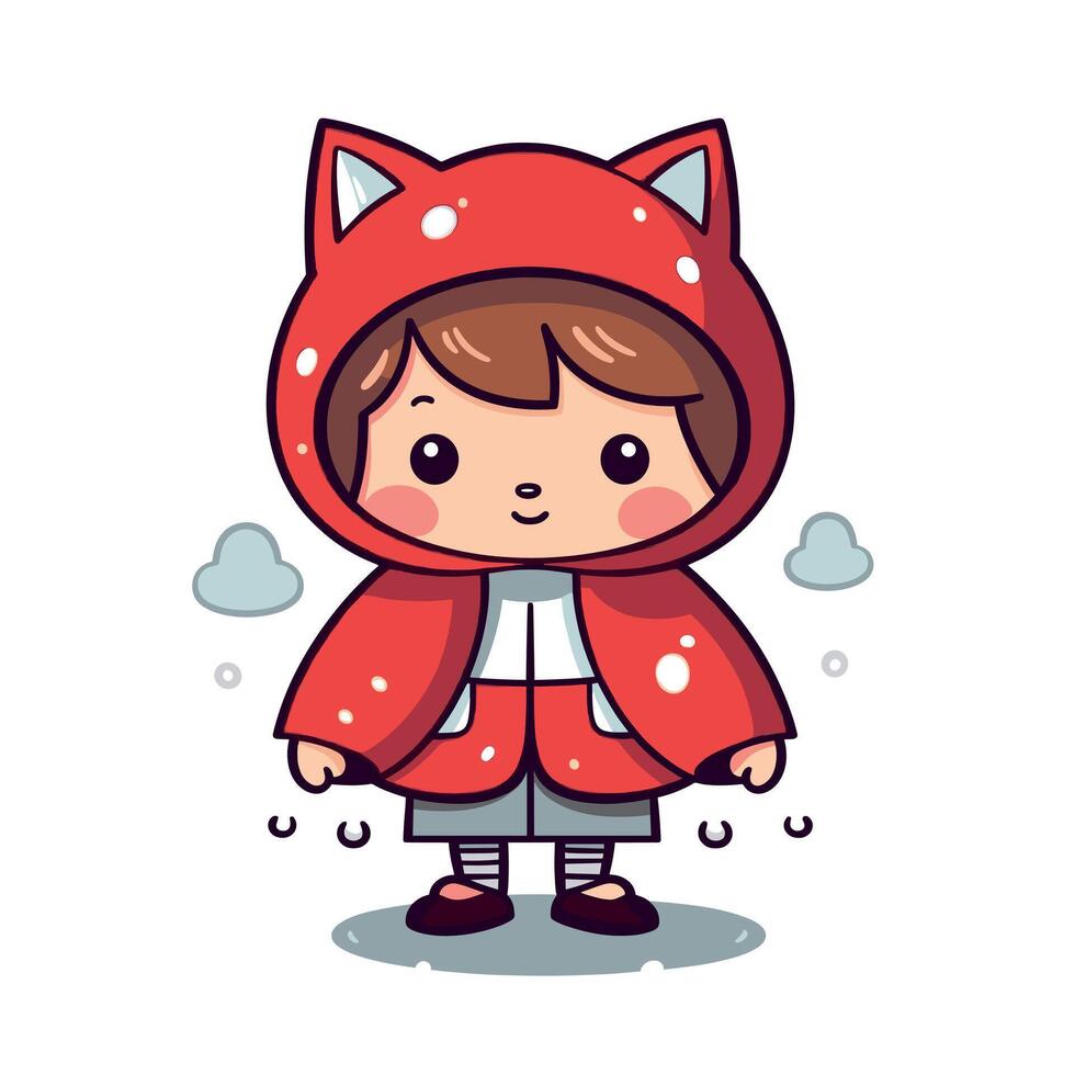 Cute child in red cat-themed raincoat standing outdoors vector