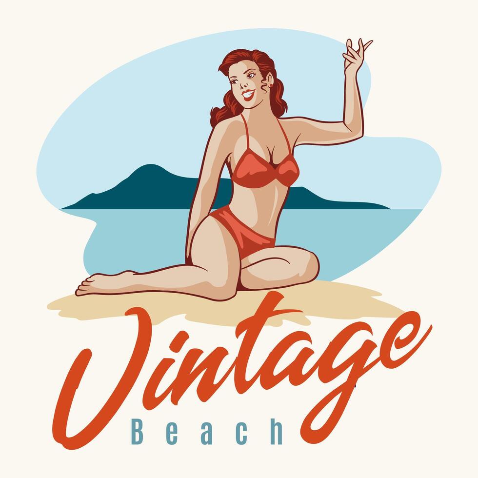 illustration of woman wearing a swimsuit on the beach in retro style vector