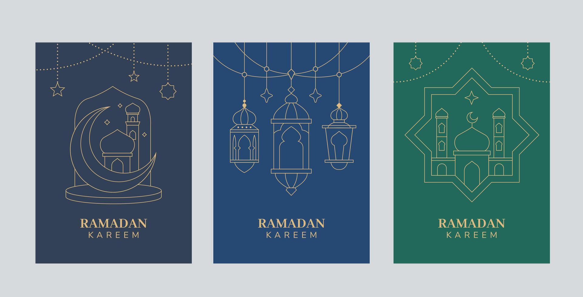 Ramadan greetings card template minimalism style with lantern, crescent moon, and stars. vector