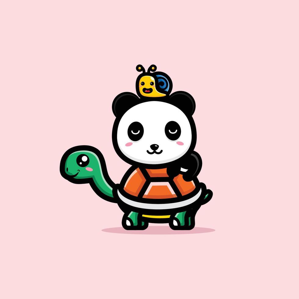 Cute turtles, pandas and snails enjoy the slow life vector