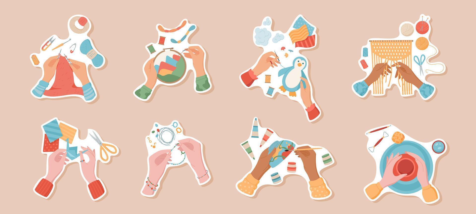 Colorful isolated hands making handcraft activity sticker set, handicraft craftwork top view abstract label pack, handmade DIY craft children hobby illustration, creative art group concept. vector