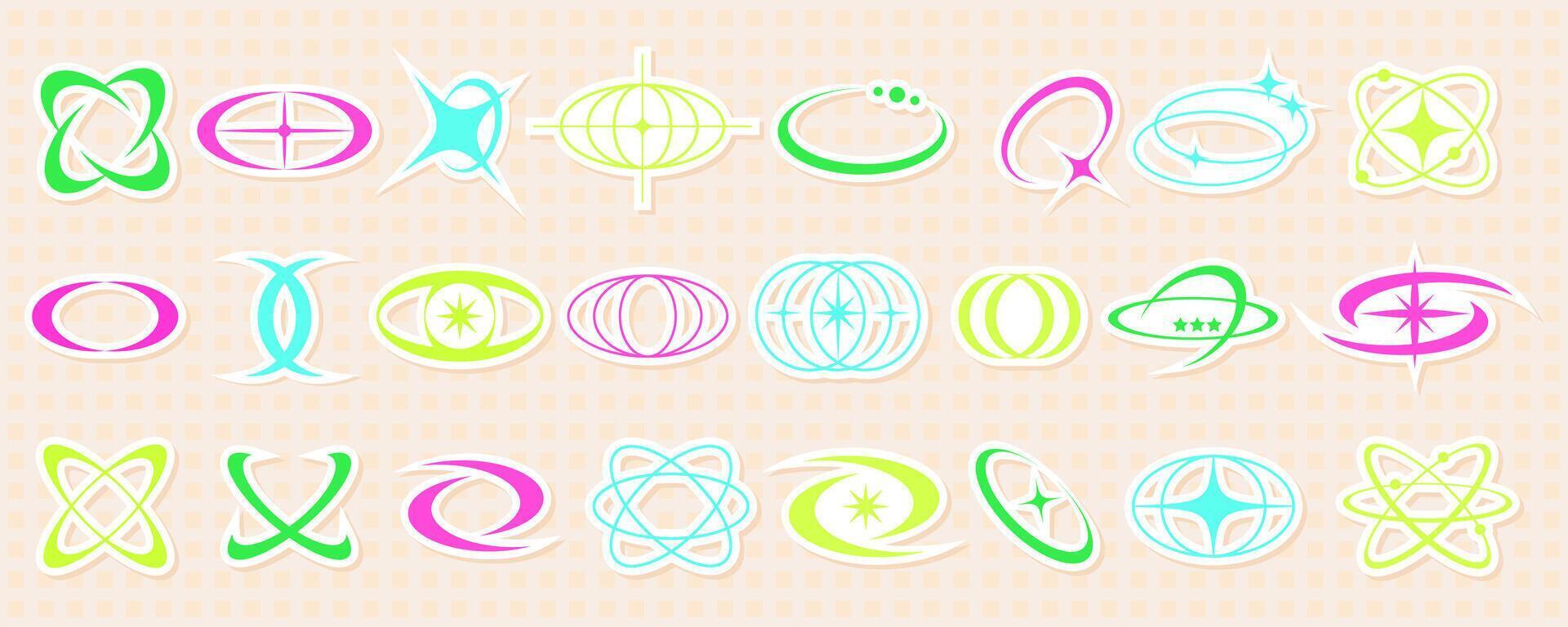 Space trippy aesthetic earth shape sticker set, geometric trendy 90s world globe graphic, futuristic psychedelic y2k atom sign collection, retro groovy star figure set, modern rave element , vector