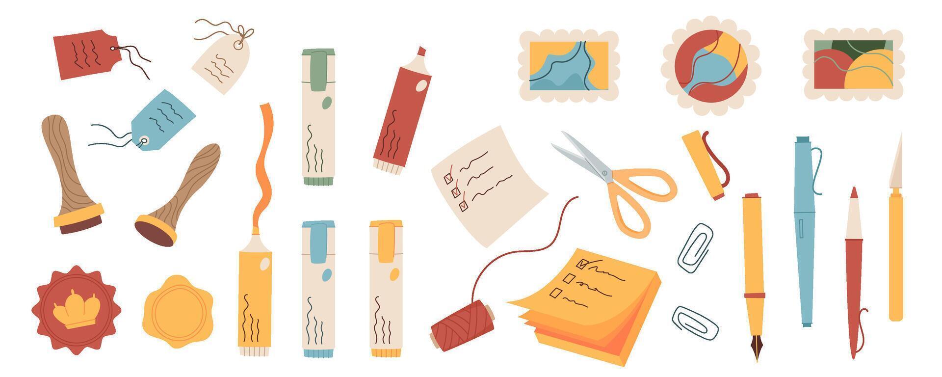 Flat style stationery and postal stamps set, trendy cartoon pen, pencil and highlighter marker with wax seal, badge and scissors colorful collection, handwritten label, note and sheet of paper vector