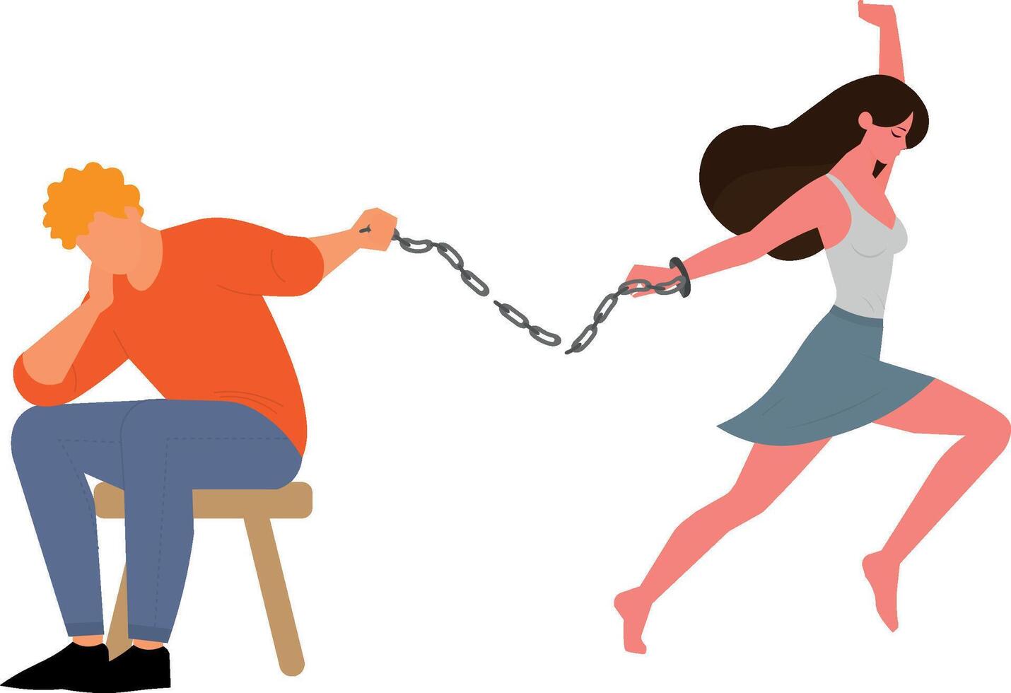 Woman breaking the chain, freeing herself from an abusive relationship, flat designer, with your boyfrind vector