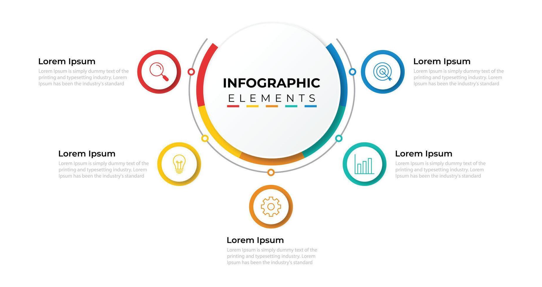 Business infographic cycle connected elements with marketing icons and 5 options or steps. illustration. Can be used for workflow diagrams, annual reports, and info charts. vector