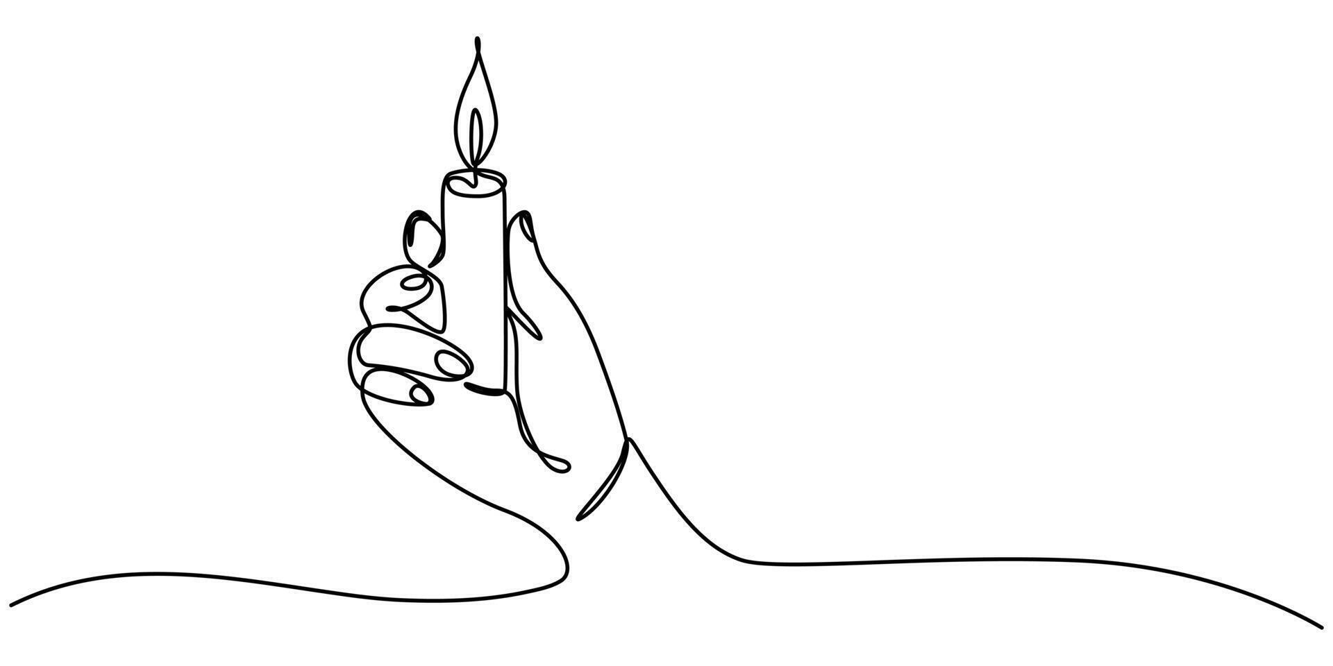 Continuous one line drawing of a hand holding burning candle minimalism design isolated on white background vector