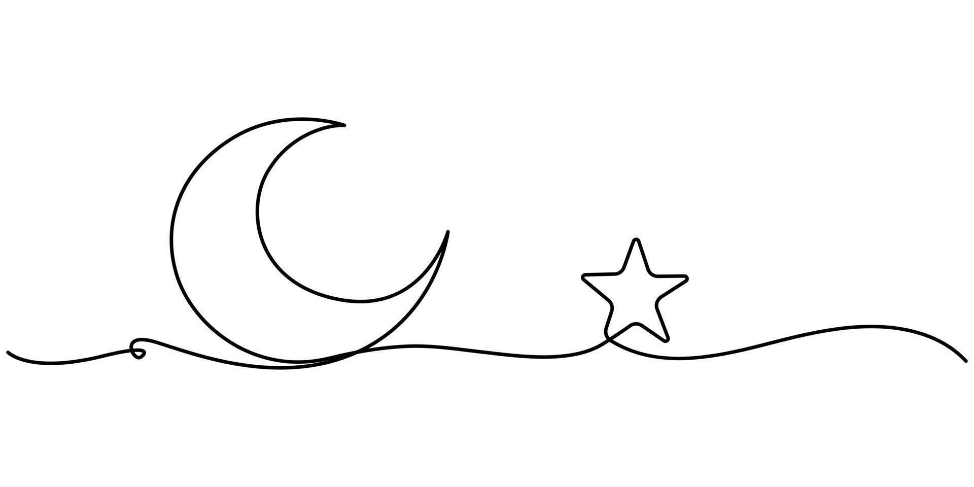 One single line drawing moon with star on white background continuous line drawing illustration vector