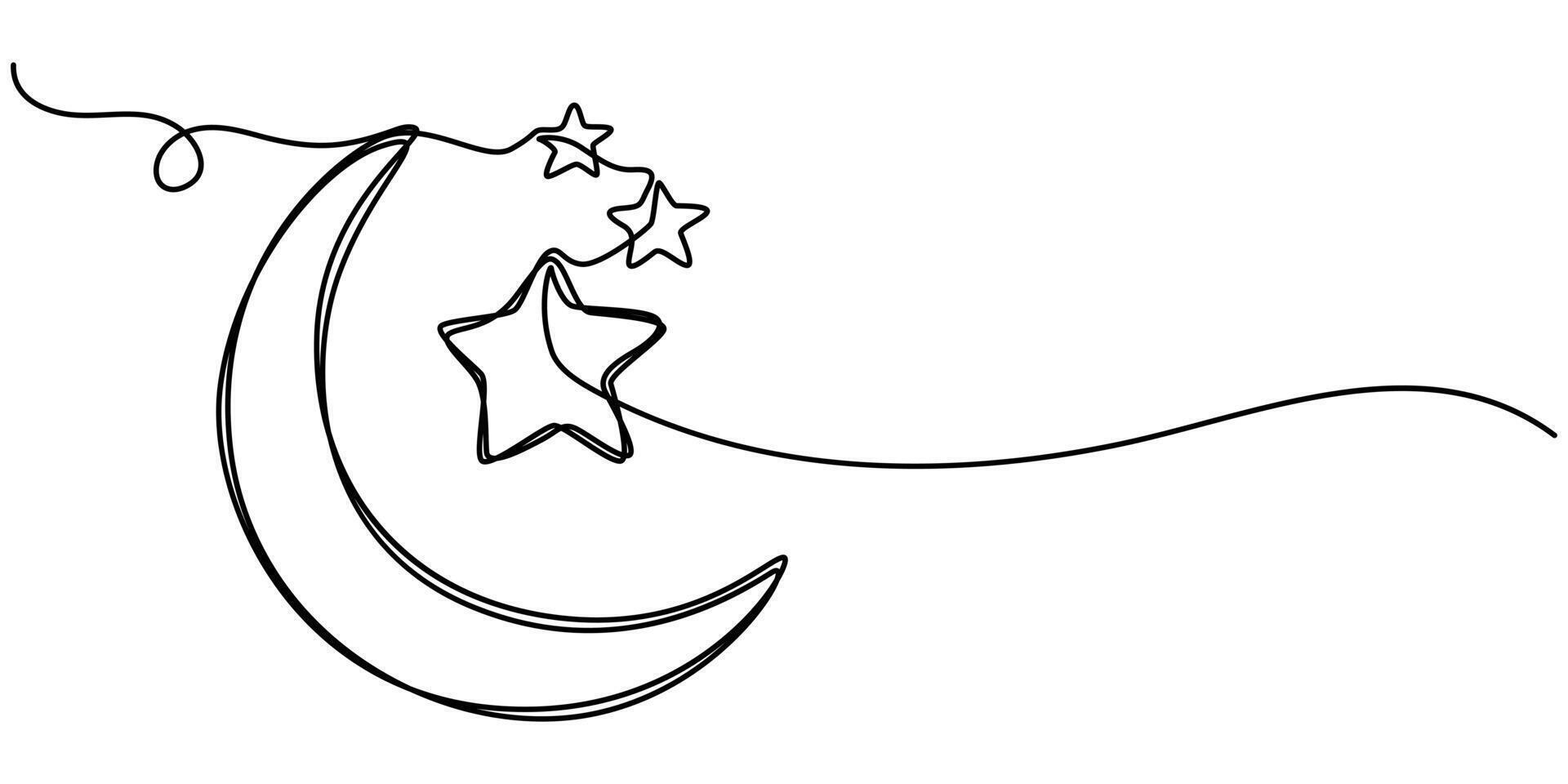 Single continuous one line drawing of a moon and a star vector