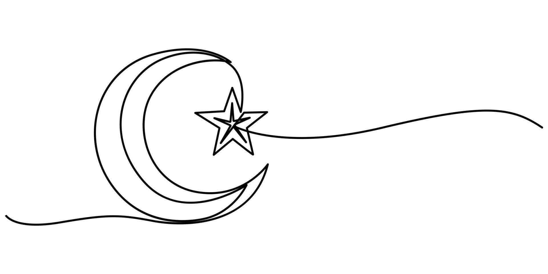 Continuous one line drawing star and crescent muslim symbol vector