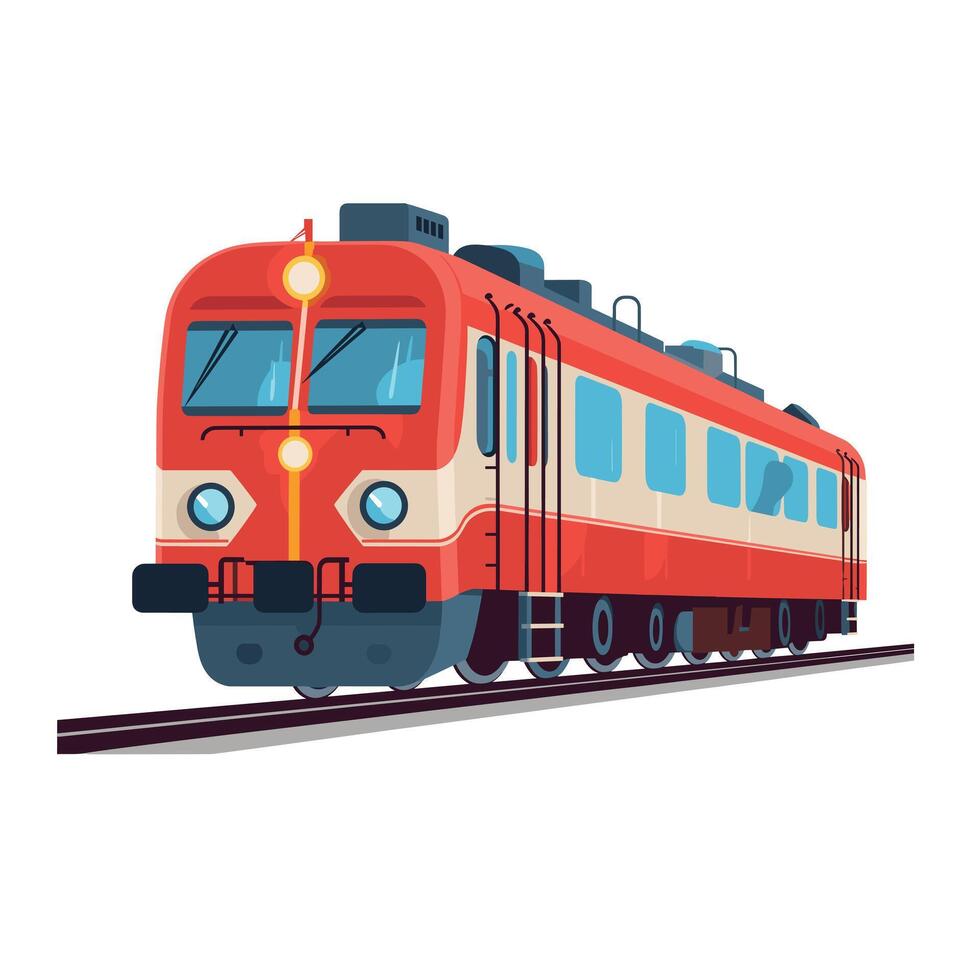 Colorful retro train travels on railway tracks during a bright day vector