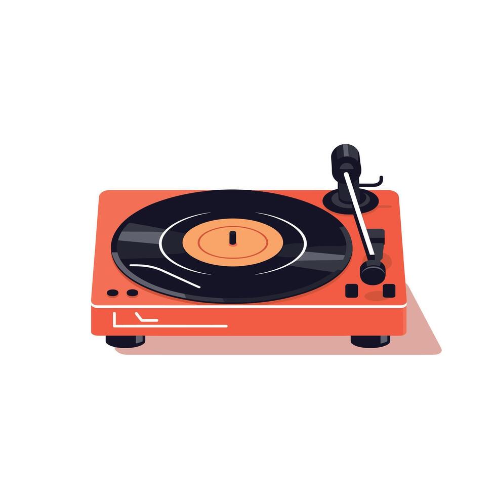 Bright red turntable with vinyl record playing music on a clean background vector