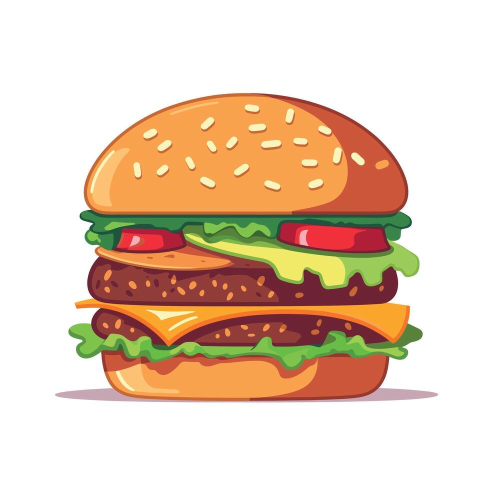 Delicious art depicting a classic hamburger with layers of meat, cheese, and fresh vegetables vector