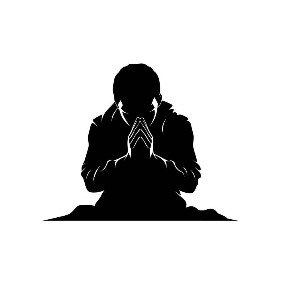 Person in prayer with hands clasped in deep reflection vector