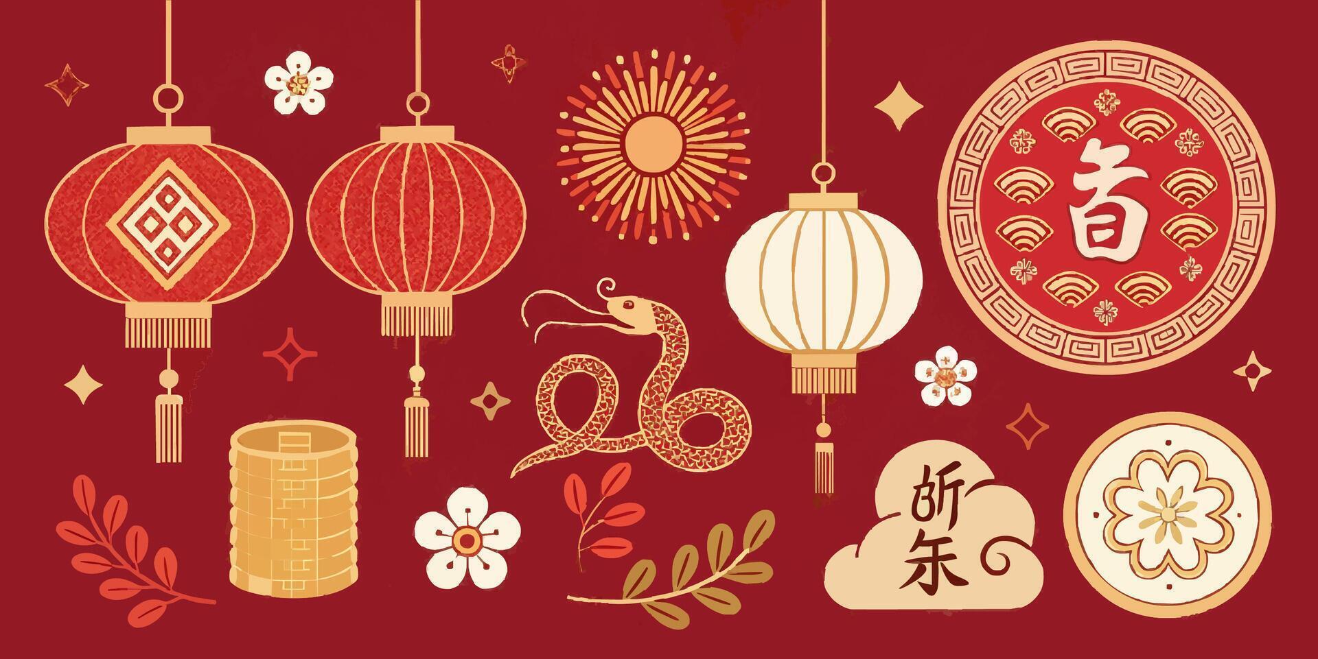 Happy Chinese New Year, Zodiak Snake, lampion, and leaves Gold and Red vector
