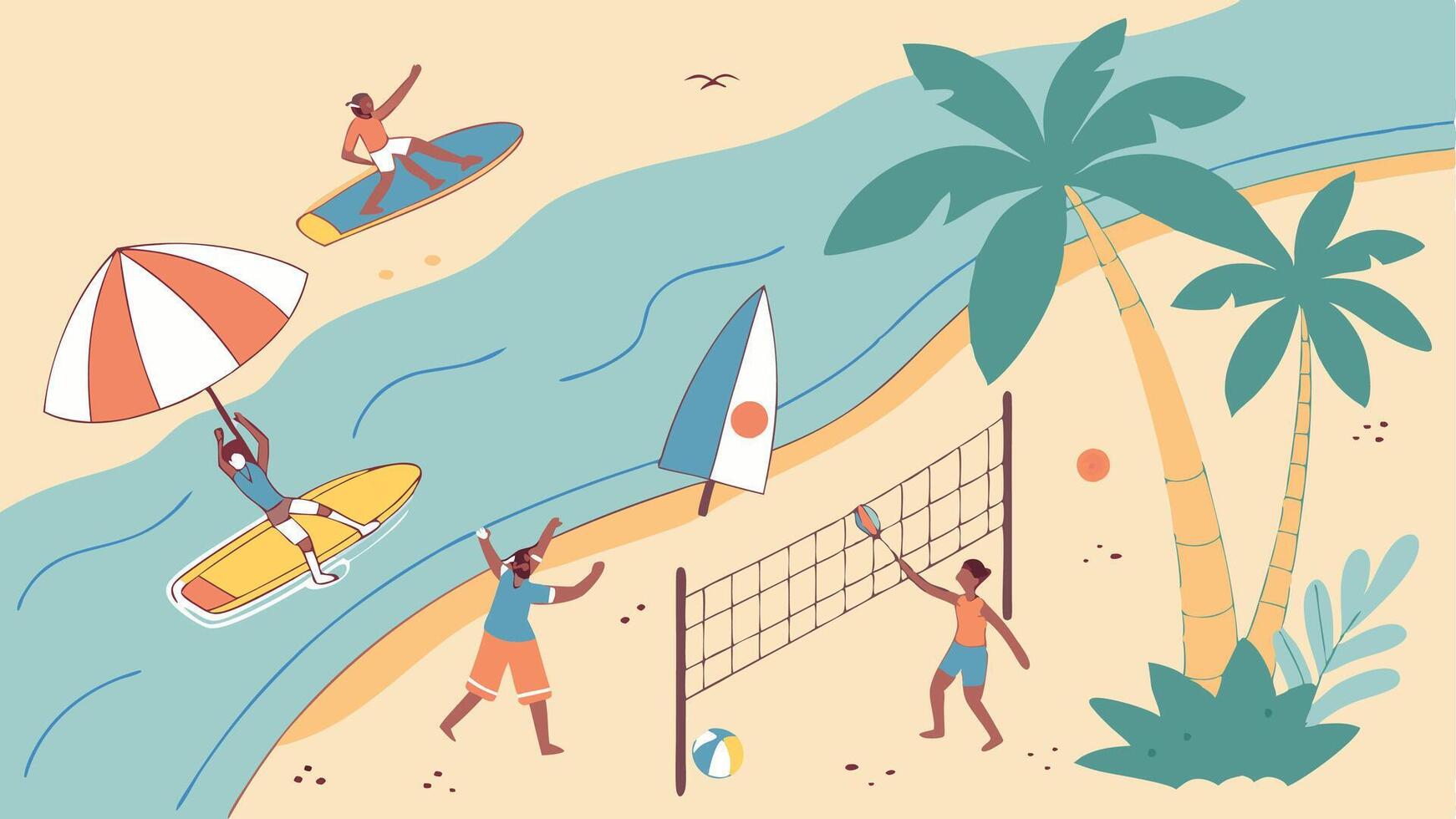 People on the beach, Sport activity, Surfing vector