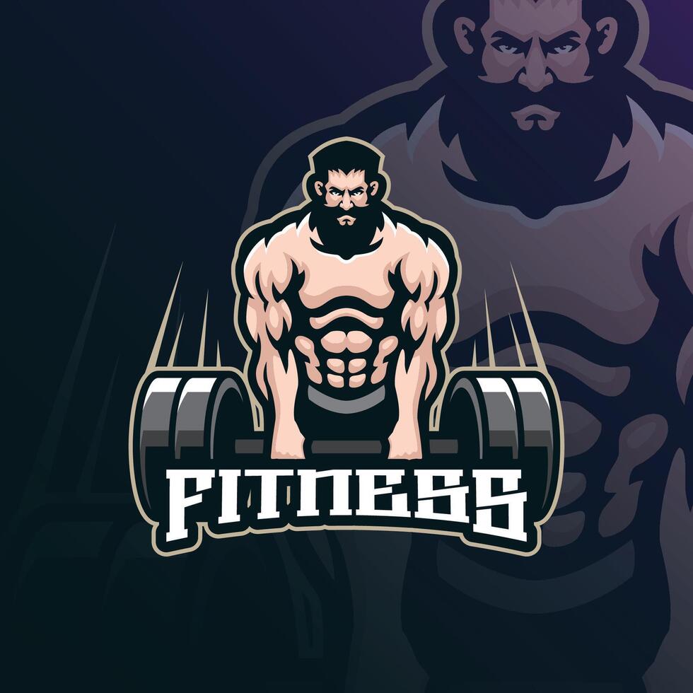 Fitness mascot logo design with modern illustration concept style for badge, emblem and t shirt printing. Fitness illustration with barbell in hand. vector