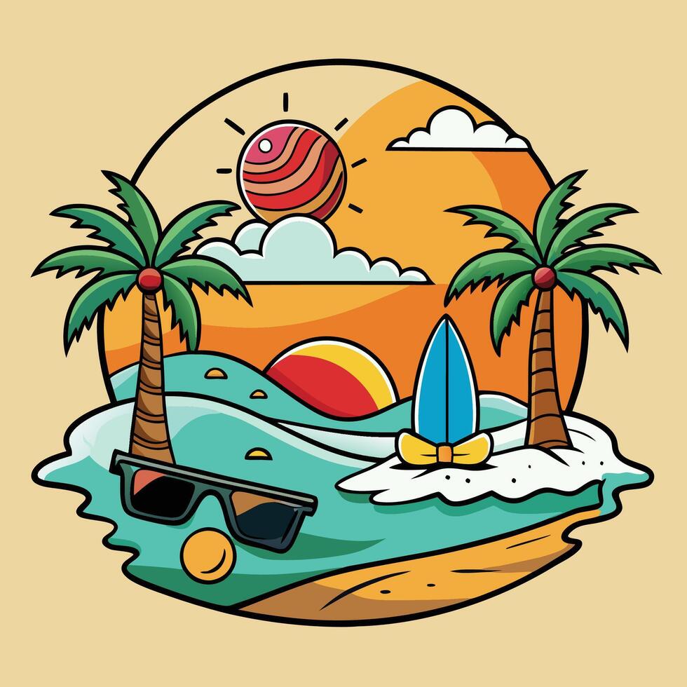 Cartoon illustration of a beach scene with palm trees and surfboards vector