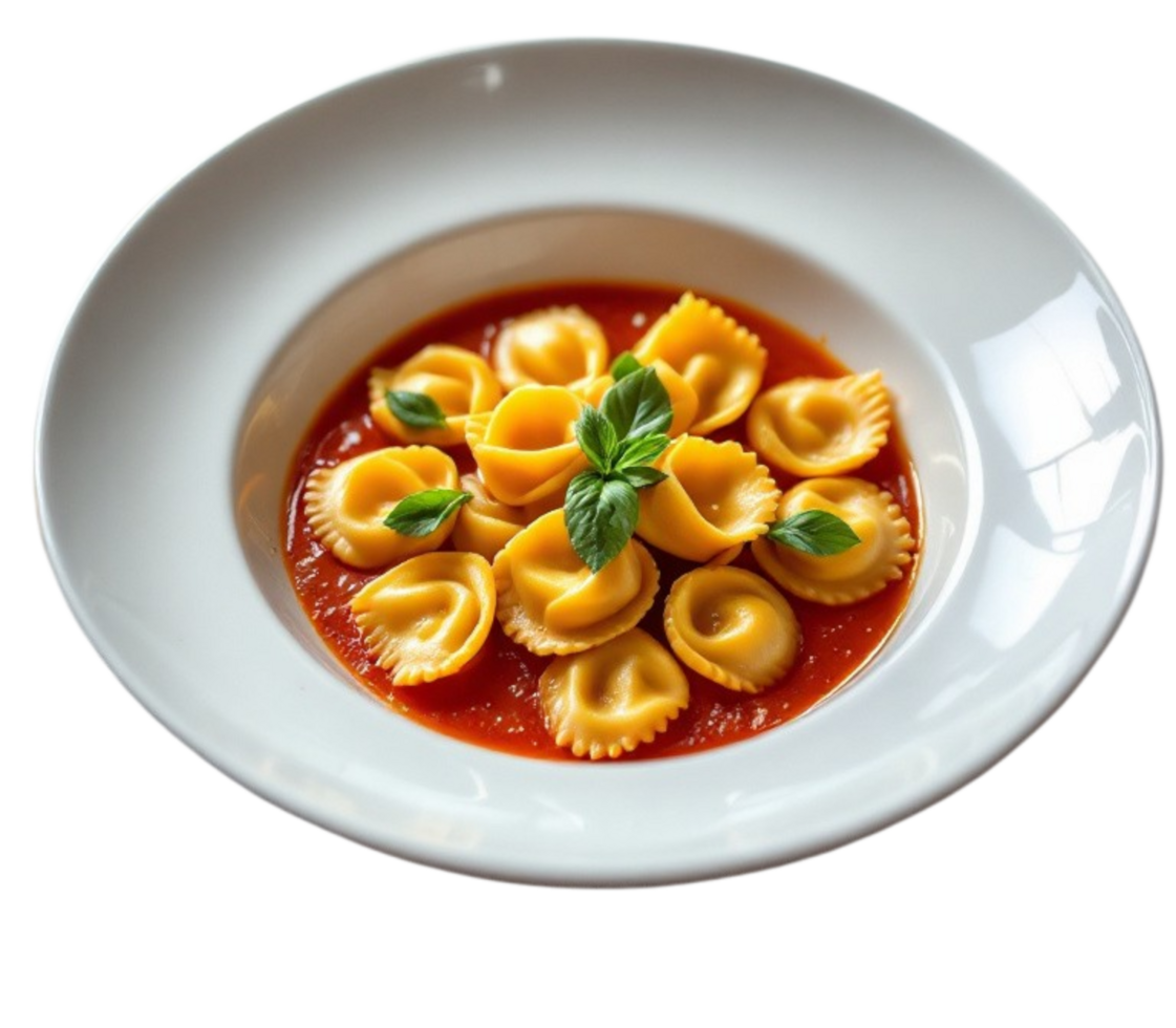 Delicious italian tortellini pasta with tomato sauce and basil on transparent background png
