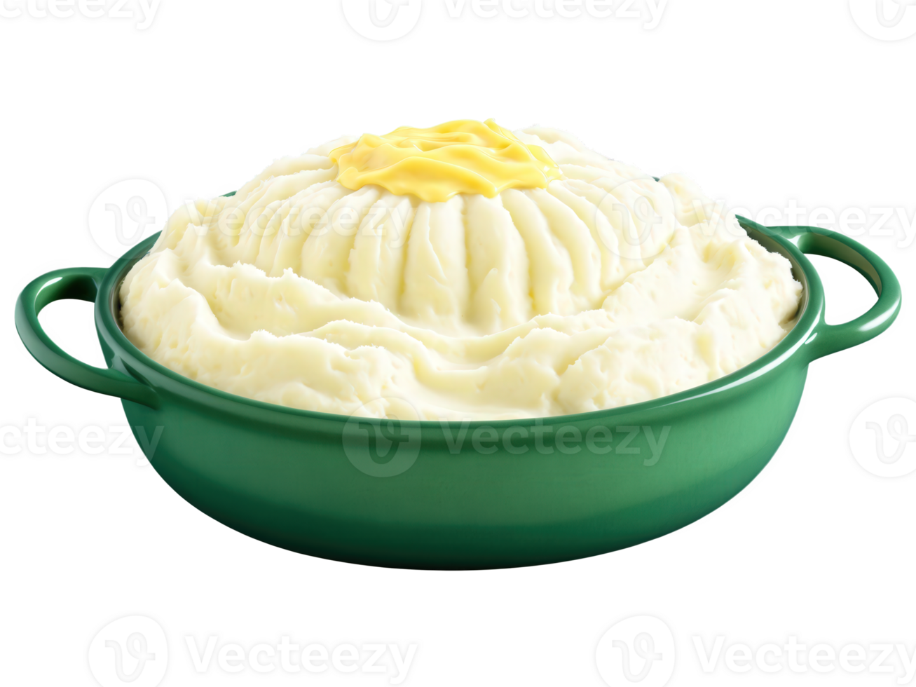 Mashed potatoes, fluffy whipped white potatoes, pat of melting butter in crater, in green ceramic dish, dynamic isolated image png