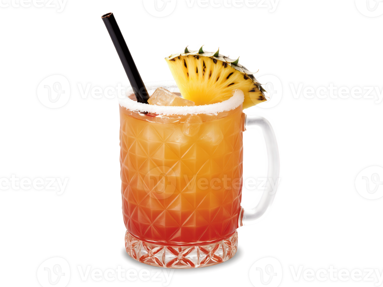 Mai Tai, rum cocktail with pineapple, orange, and cherry garnish in a tiki mug, transparent background png