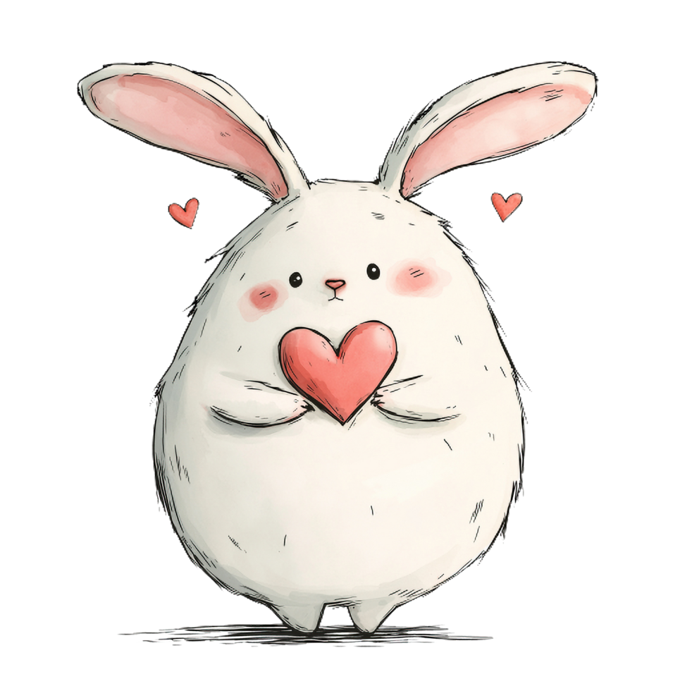 A charming cartoon bunny with fluffy white fur and rosy cheeks holds a pink heart. Its joyful smile is complemented by a heart floating above its head, conveying warmth and love. png