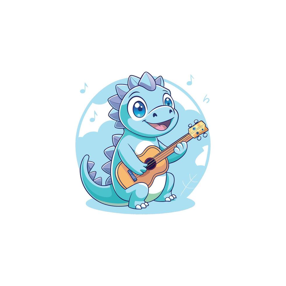 Cute Dinosaur Playing Guitar Music Cartoon Icon Illustration Animal Technology Icon Isolated vector