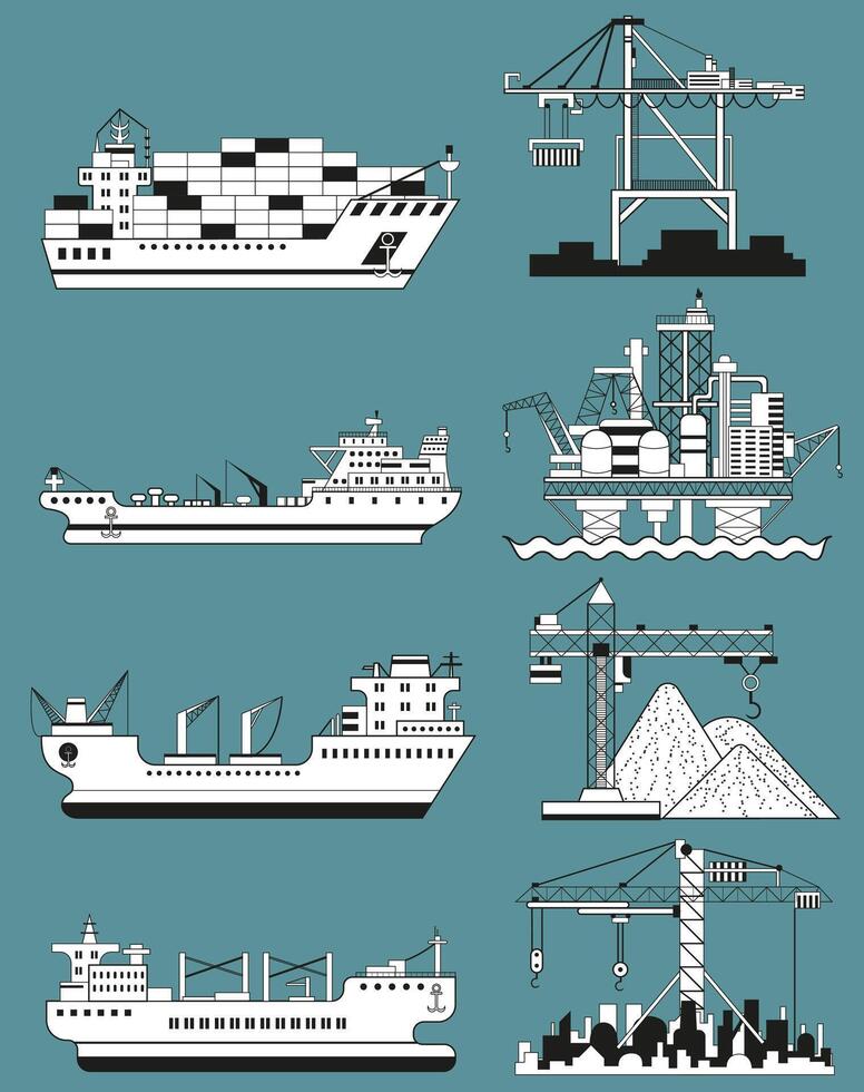 Design set with modern commercial ships and cargo port cranes. Trade, business, import, export, logistics concept. Line art cartoon illustration vector