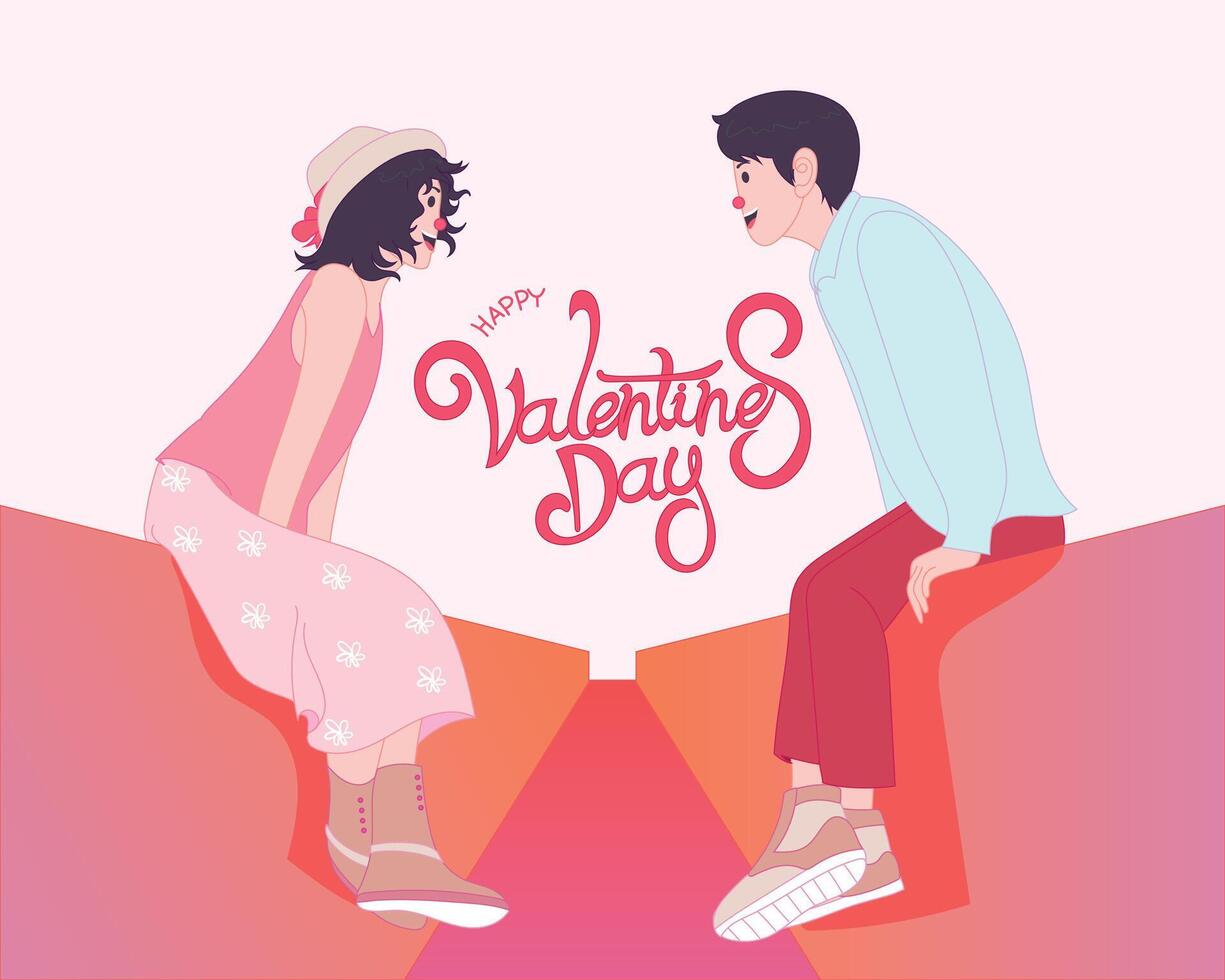Romantic couple sitting on a wall, smiling with love, 'Happy Valentine's Day' text between them. vector