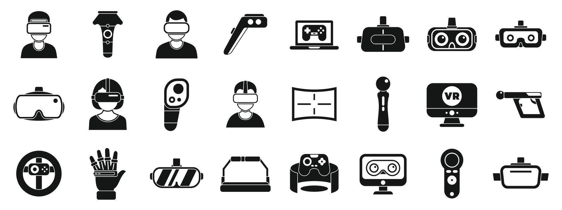 game virtual reality icons set. People experiencing virtual reality using vr headsets, controllers, and other devices vector