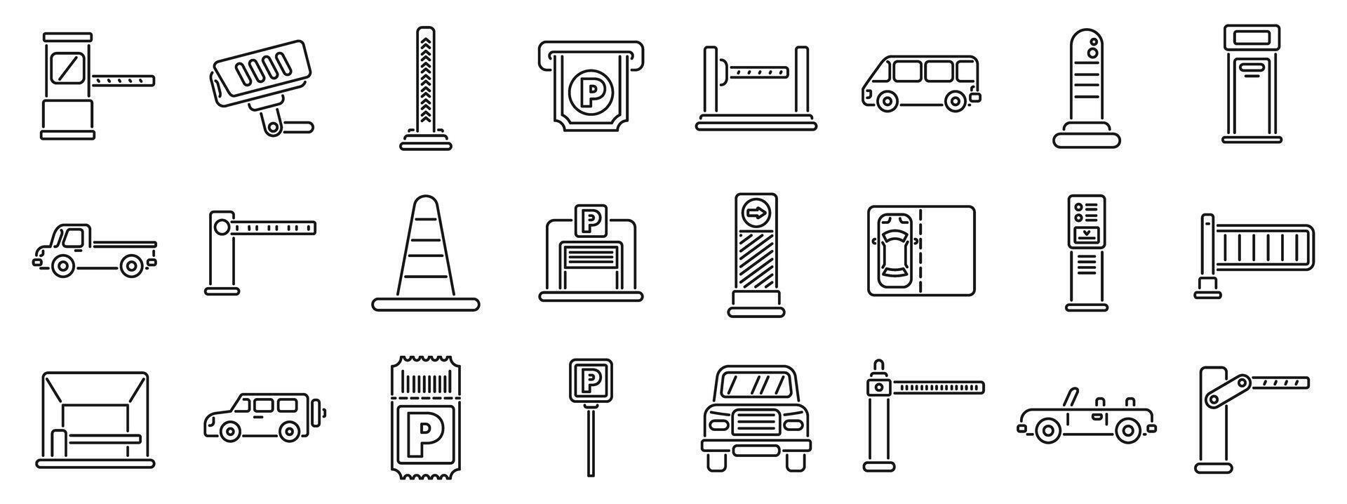 Underground parking lot icons set. Parking lot icons showing vehicles entering and exiting secure parking area vector