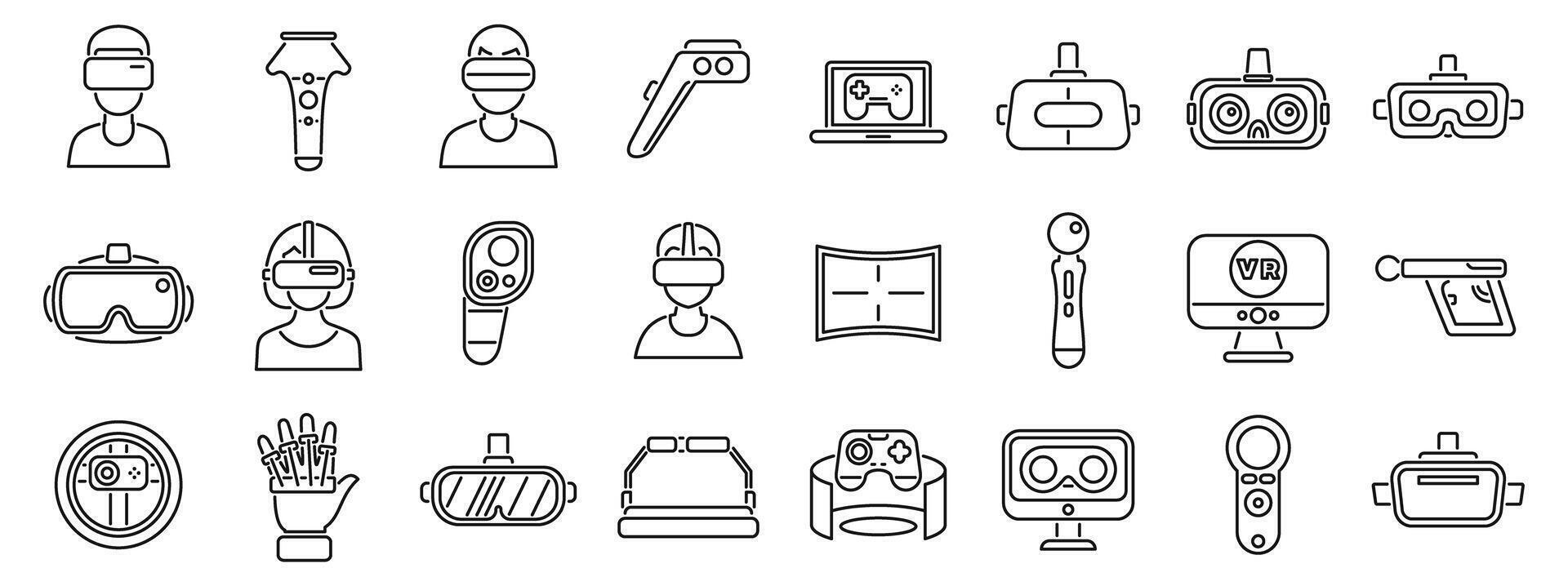 game virtual reality icons set. Virtual reality technology devices and accessories, including vr headsets, controllers, and gloves, creating immersive experiences vector