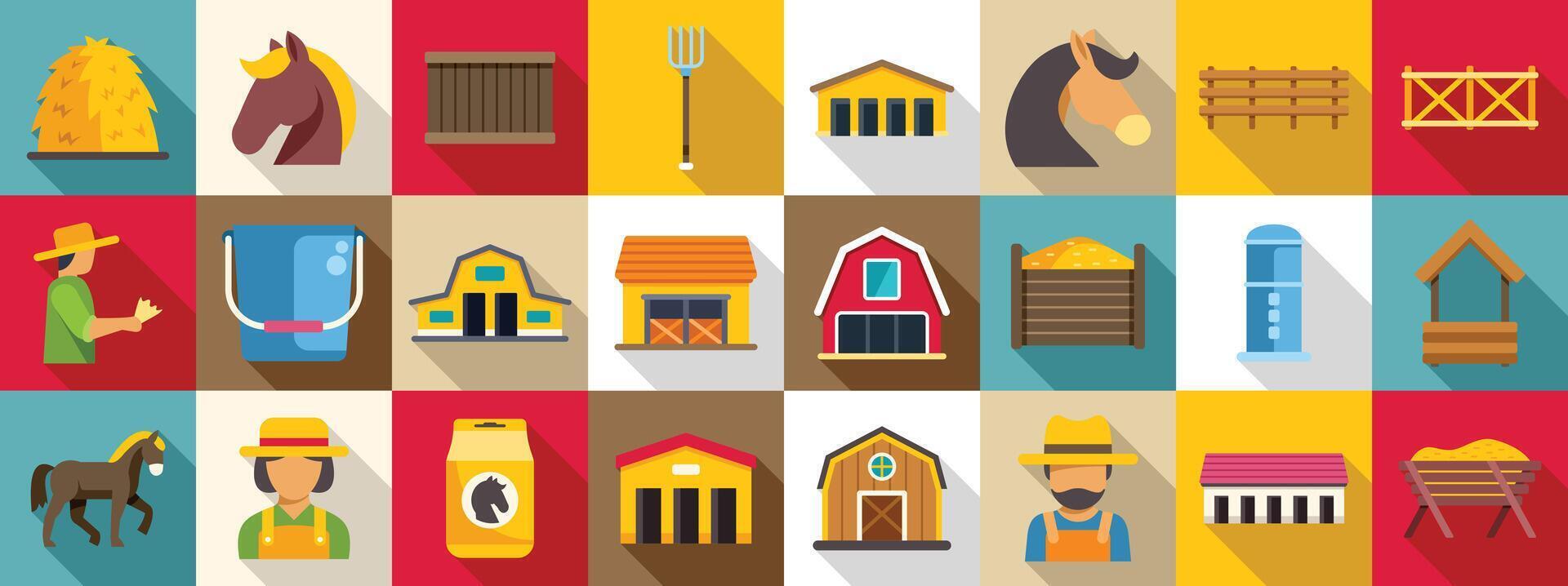 Farm stable icons set. Horse stable icons showing farm animals, workers, barns, and related items vector