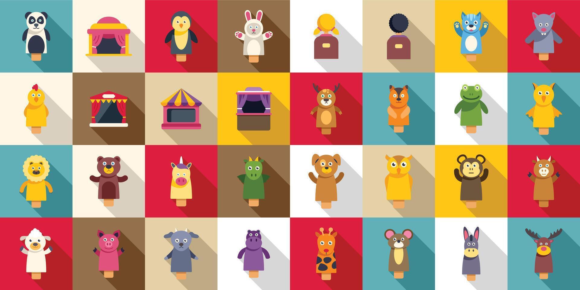 Puppets show icons set. Puppet show theatre stage performing storytelling kids toys characters play acting vector