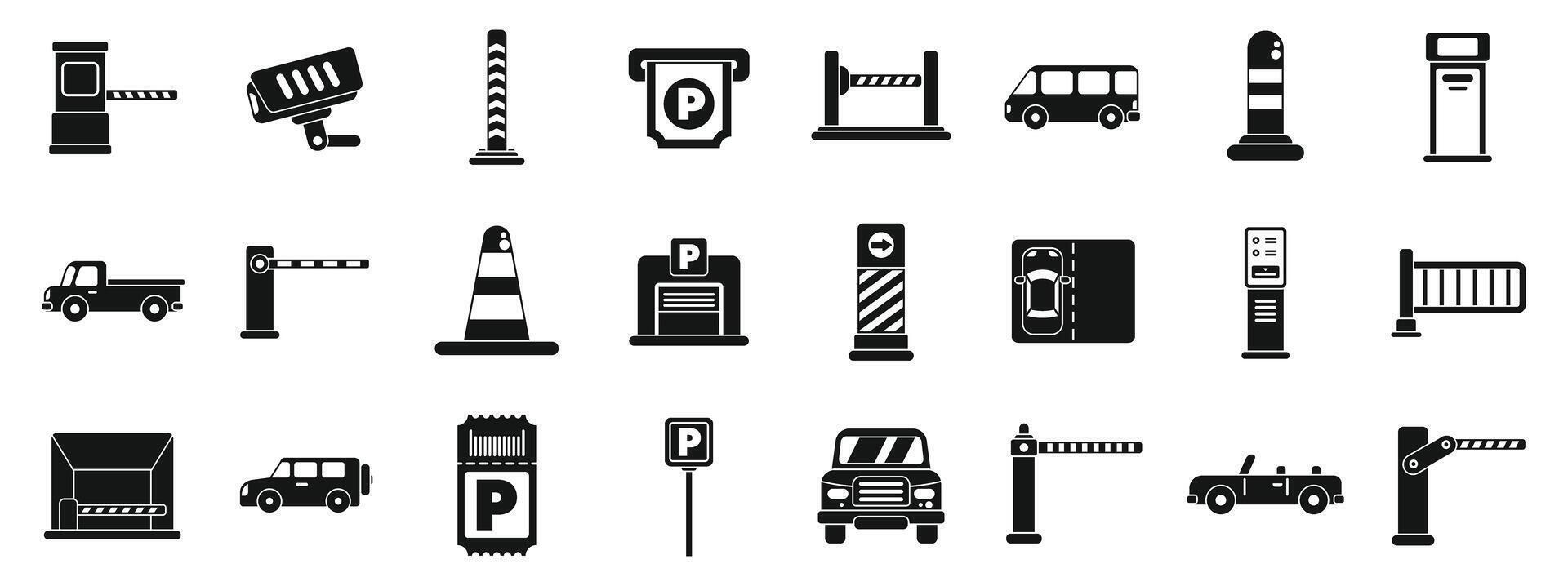 Underground parking lot icons set. Parking zone icons showing vehicles entering and exiting secured parking area with security cameras and payment terminals vector