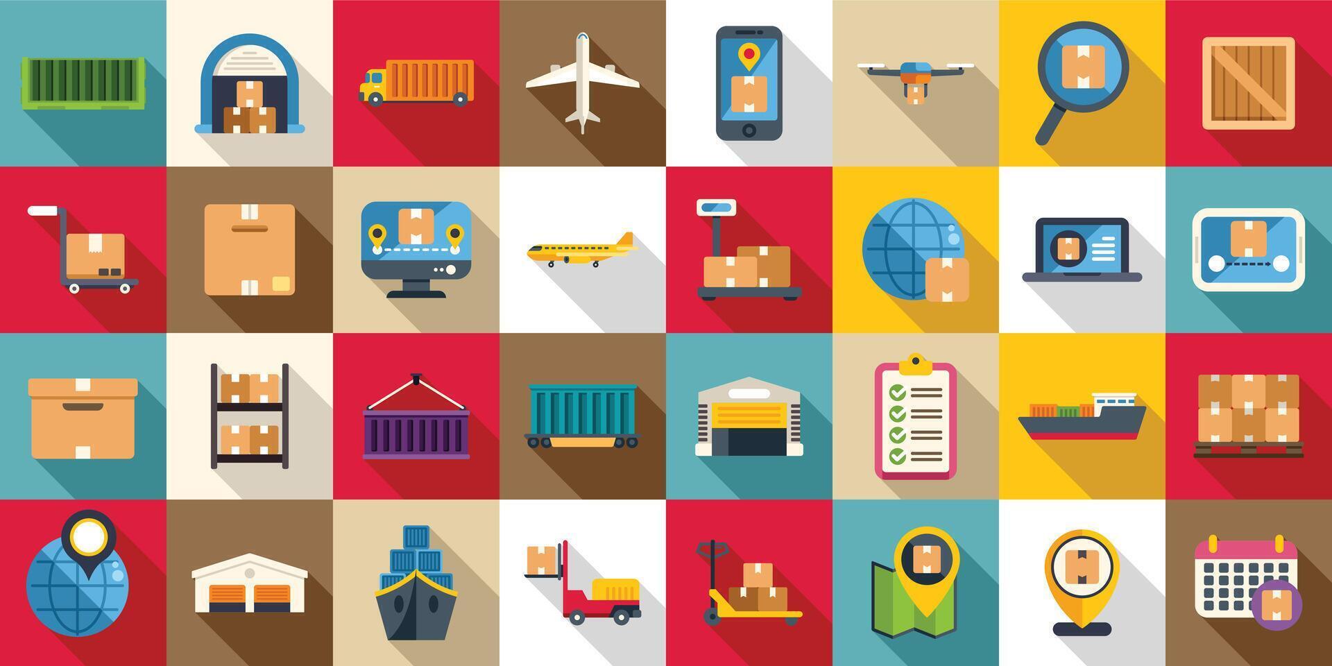 Airplane transport logistics icons set. Logistics and delivery icons showing shipping and transportation methods vector