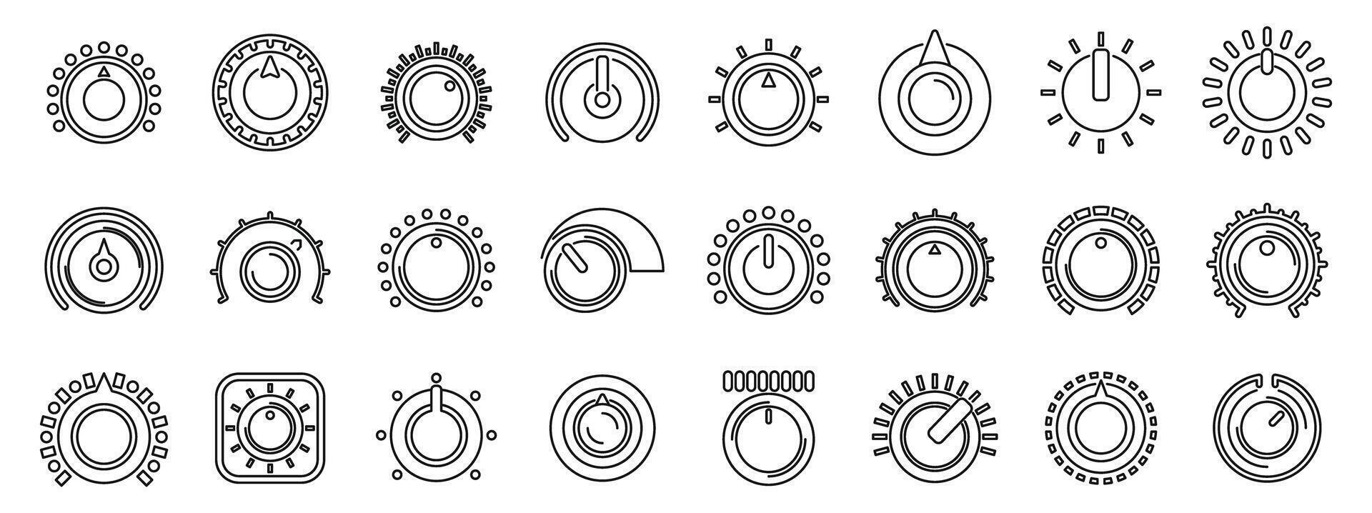 Volume control knobs icons set. Rotating knobs, volume controls, and adjustment dials icon set for precise settings vector