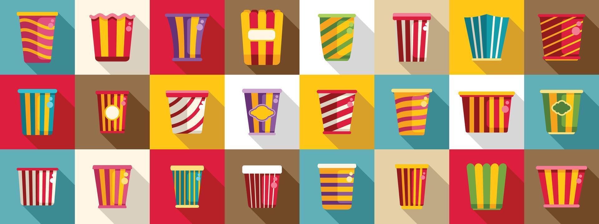 Bucket popcorn icons set. Popcorn buckets and boxes pattern showing movie snacks and refreshments vector