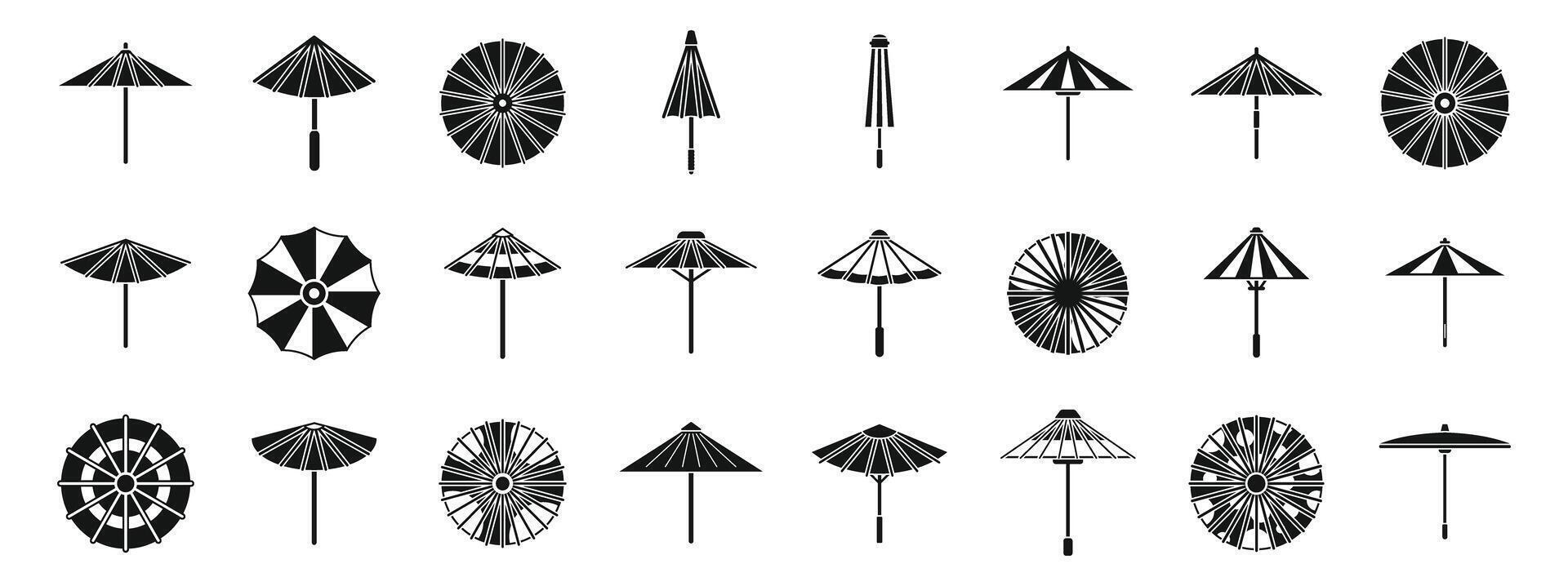 Japanese umbrella icons set. Japanese umbrellas protecting from sun and rain in different styles vector