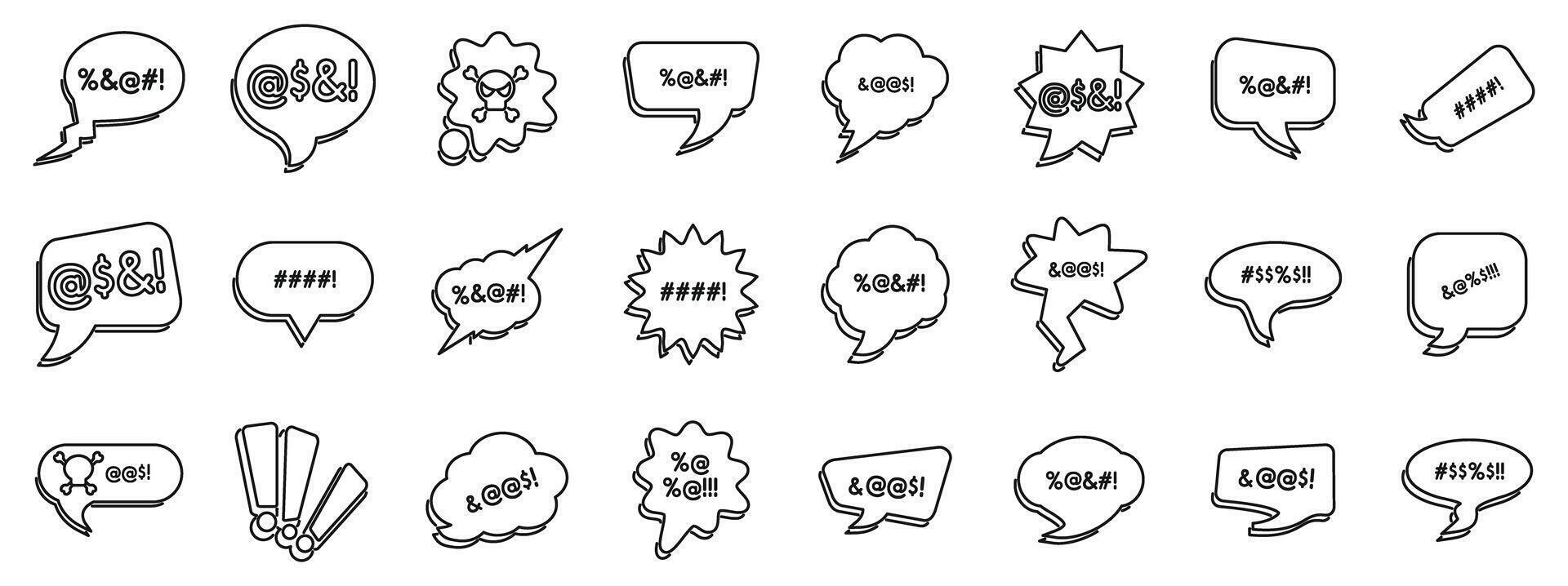 Swear speech bubble icons set. Different speech bubbles are expressing negative emotions using censored curse words vector