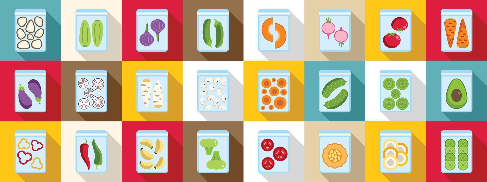 Frozen vegetables icons set. Frozen vegetables preserving freshness and nutrients in vacuum sealed bags vector