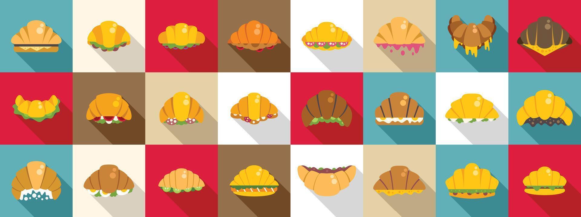 Croissant sandwich icons set. Various croissant sandwich fillings showing diverse breakfast and lunch options vector