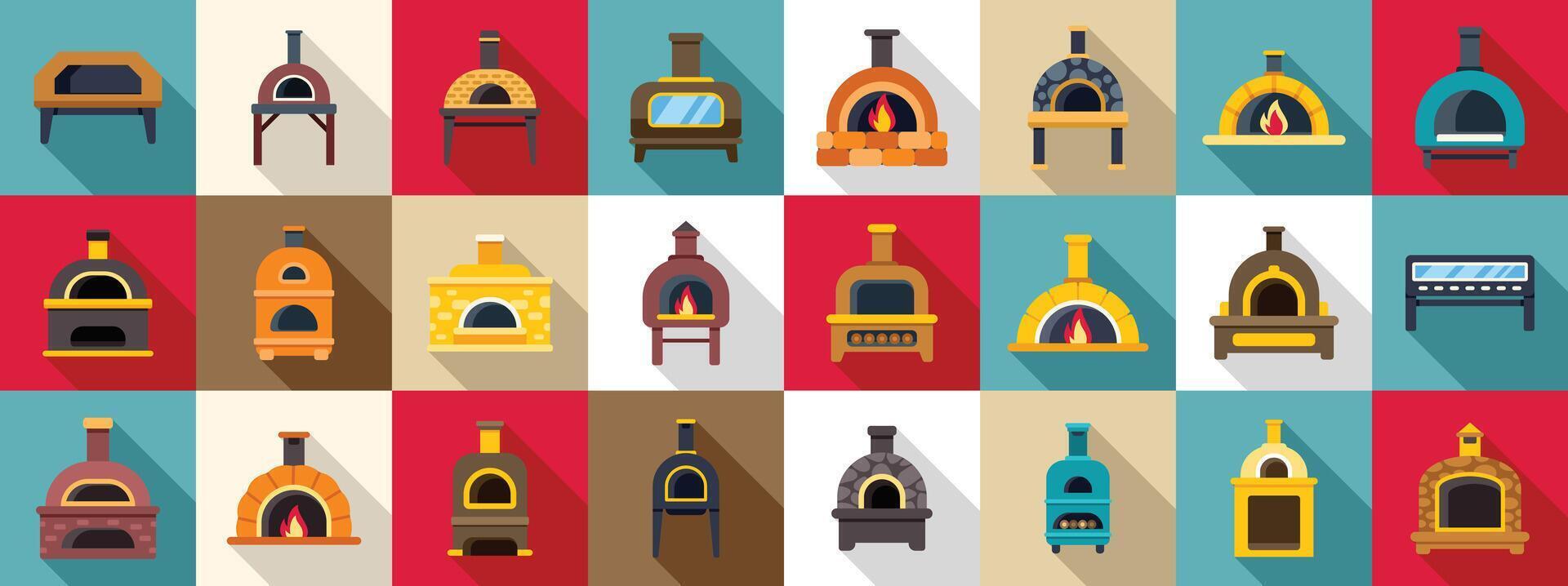 Pizza oven icons set. Brick ovens baking delicious pizzas in a traditional way vector
