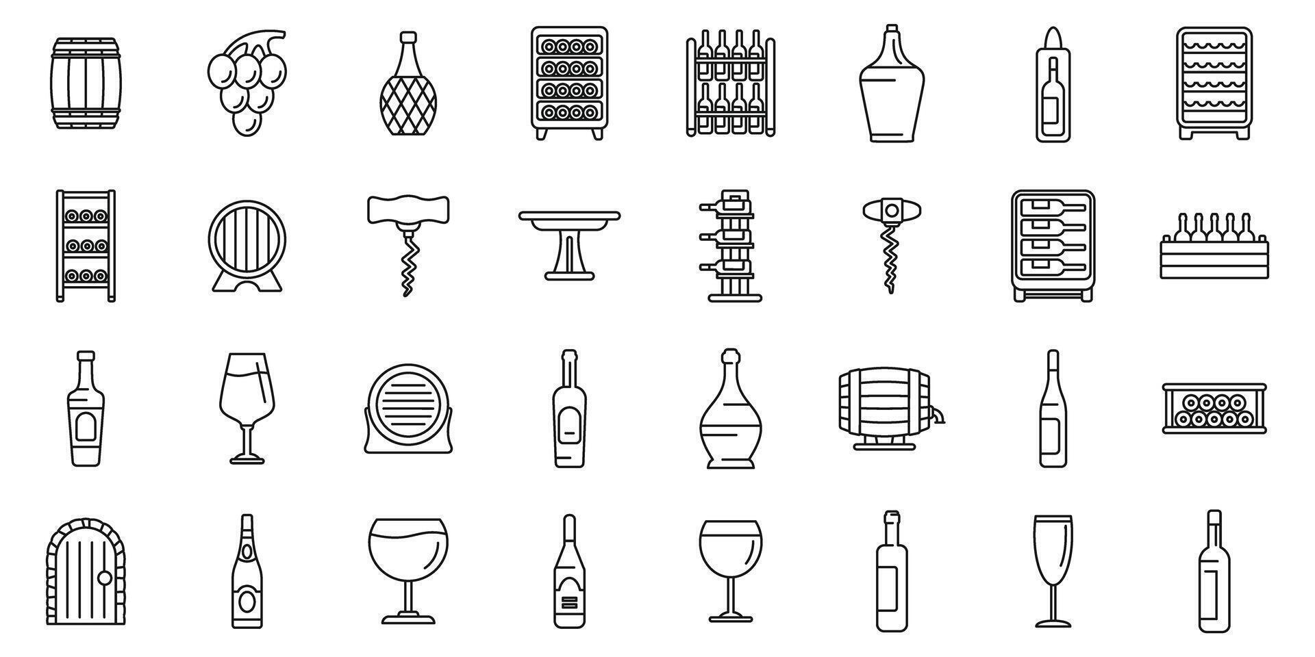 Wine cellar interior icons set. Winemaking process and equipment icons showing wine cellar, grape, barrel, bottle, glass and corkscrew vector