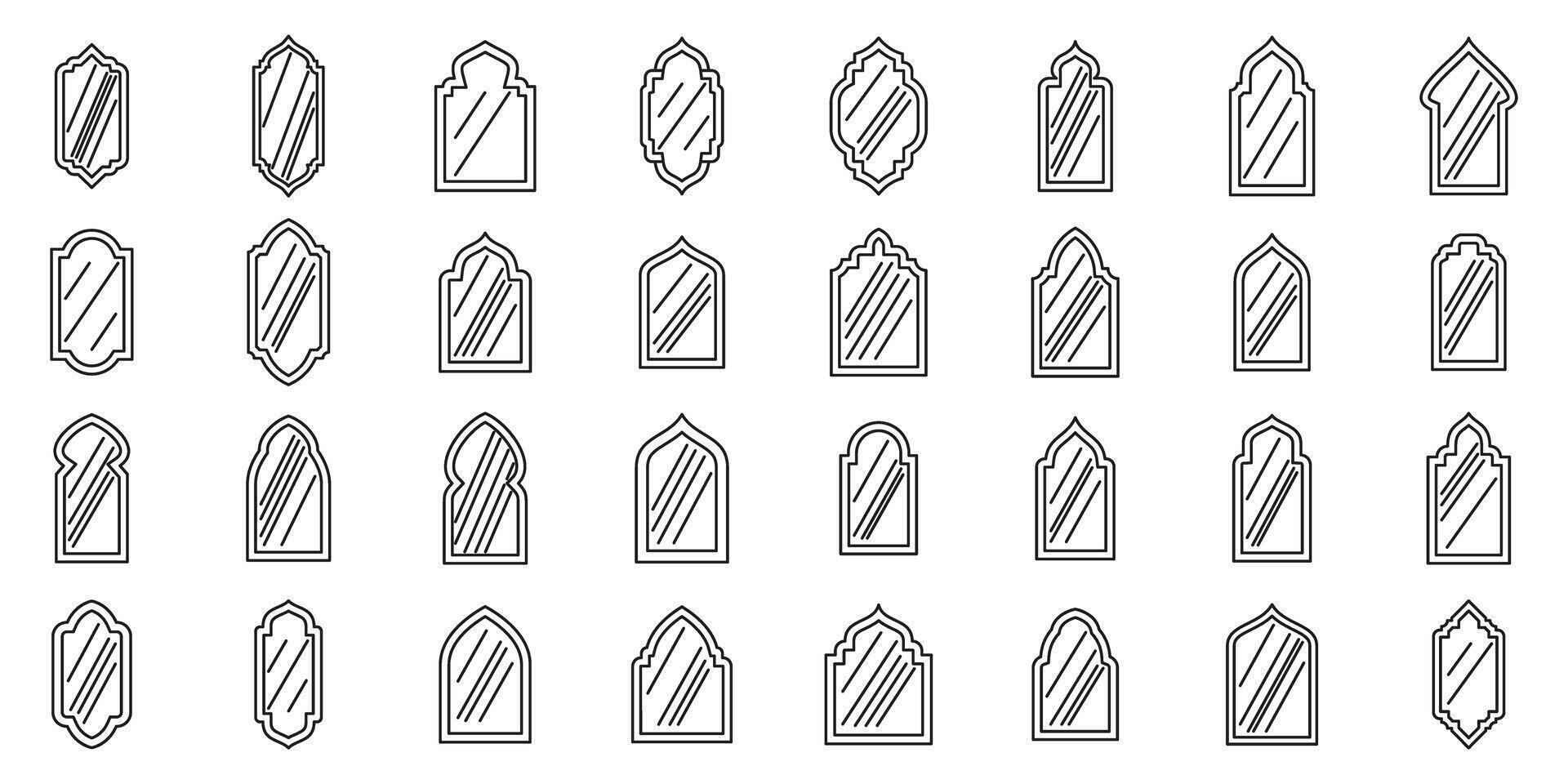 Shape islamic window icons set. Set of mirrors with different arabic style frames reflecting light vector