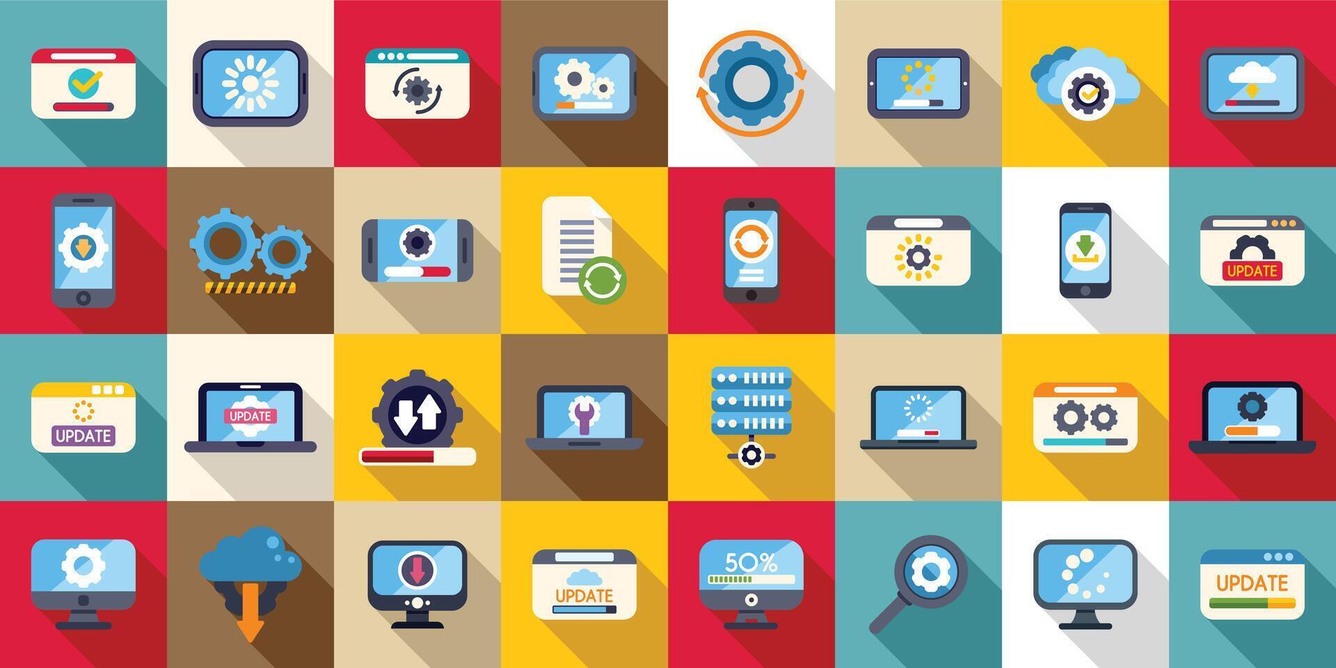 actualizar aplicación software íconos colocar. software actualizar es descargando y instalando con Progreso bar en diferente dispositivos vector