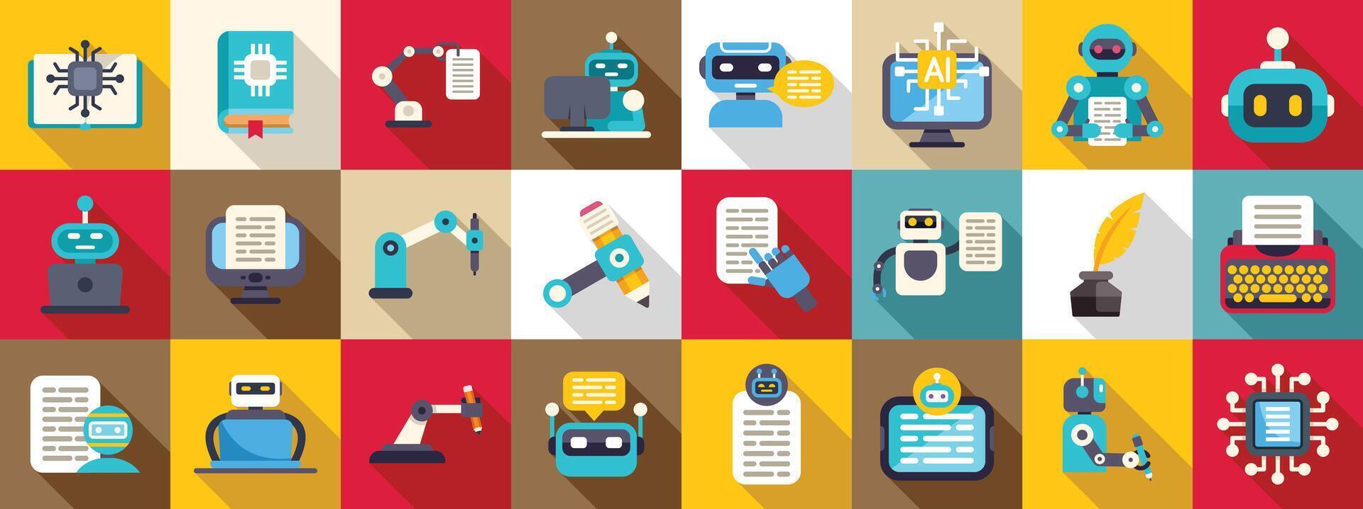Robot-writer icons set. Artificial intelligence writing and creating texts with robots and software vector