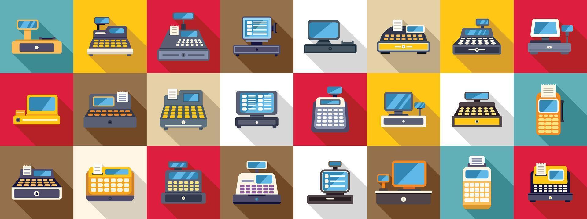 Cashier machine icons set. Cash register icons showing point of sale system vector