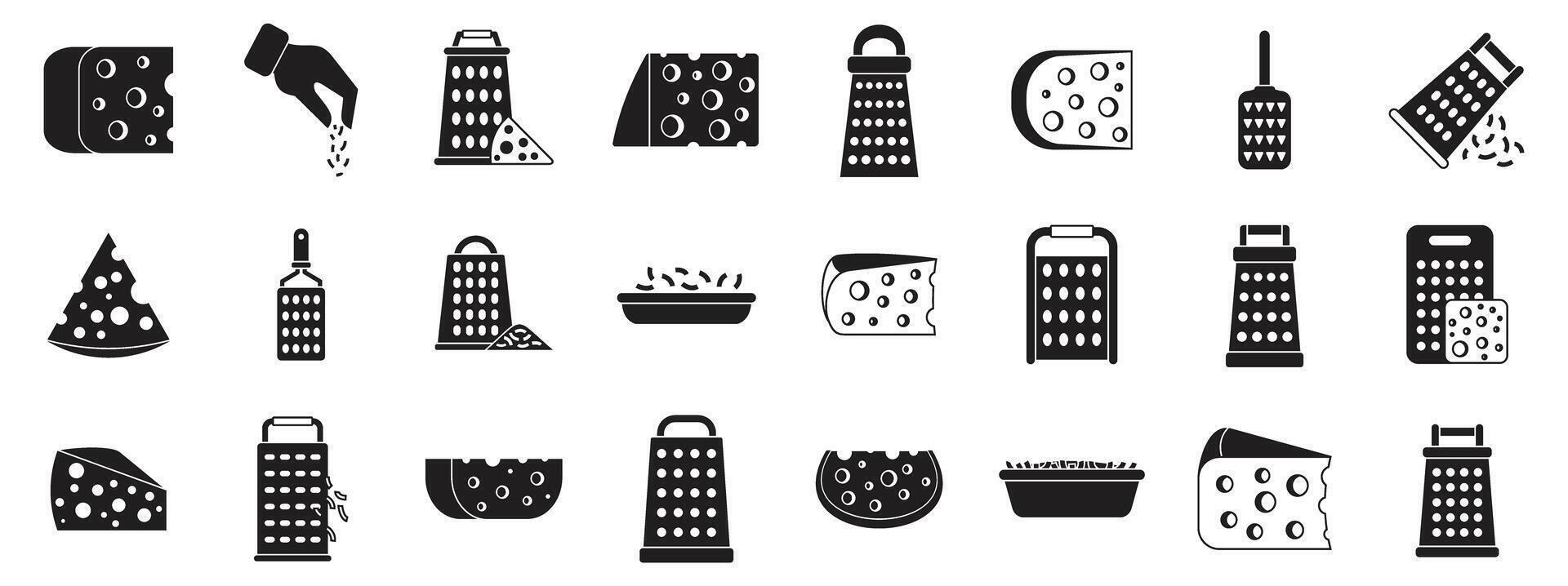 Grated cheese icons set. Grating cheese with grater and hand, kitchen utensils and delicious dairy products vector