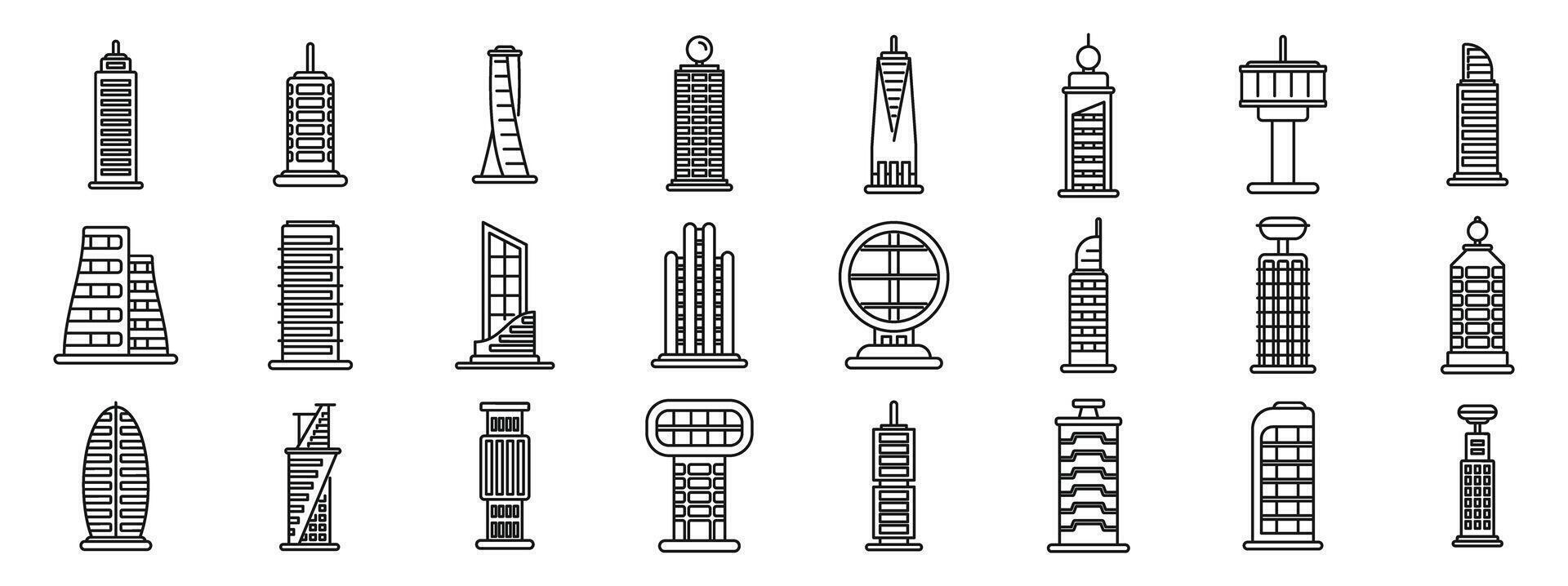 Futuristic metropolis architecture icons set. Modern skyscrapers and towers reaching for the sky in a futuristic cityscape vector